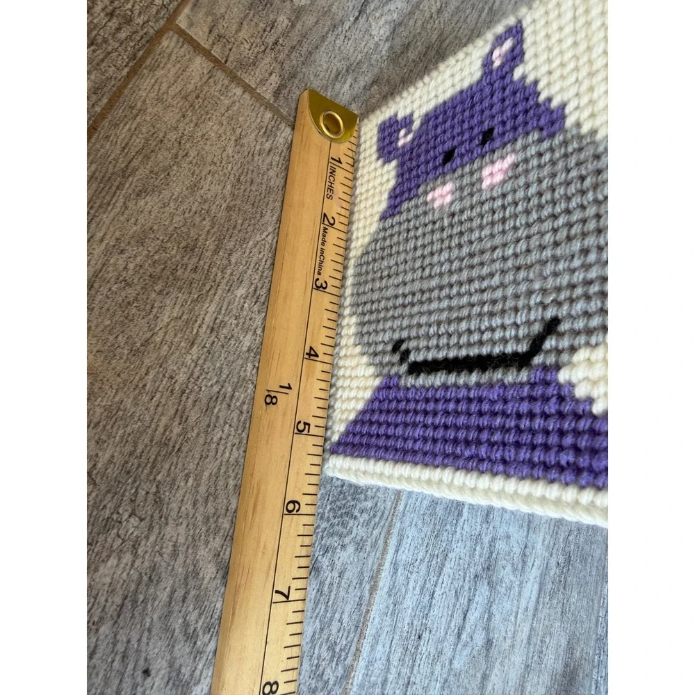 Handmade Hippo Needlepoint Tissue Box Cover Cottagecore Yarn Folk Art Home Decor
